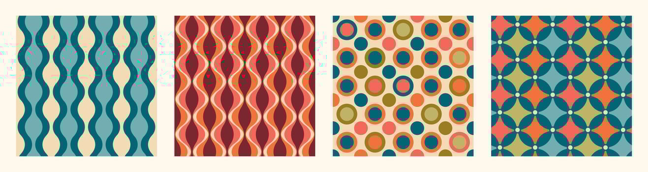 Set of Aesthetic mid century printable seamless pattern with retro design. Decorative 50s, 60s, 70s style Vintage modern background in minimalist mid century style for fabric, wallpaper or wrapping vector