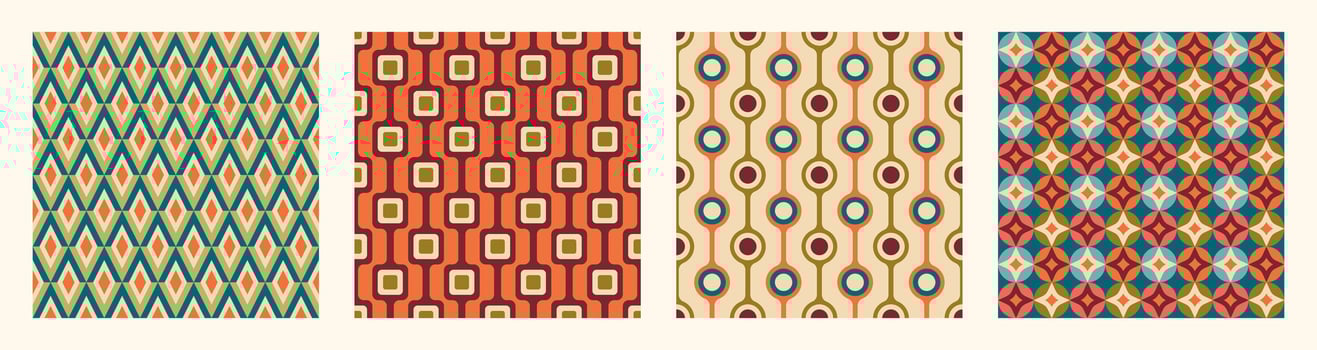 Set of Aesthetic mid century printable seamless pattern with retro design. Decorative 50s, 60s, 70s style Vintage modern background in minimalist mid century style for fabric, wallpaper or wrapping vector