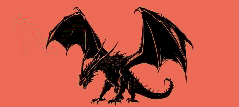 Graphic silhouette of black dragon isolated on red background. Vector illustration .