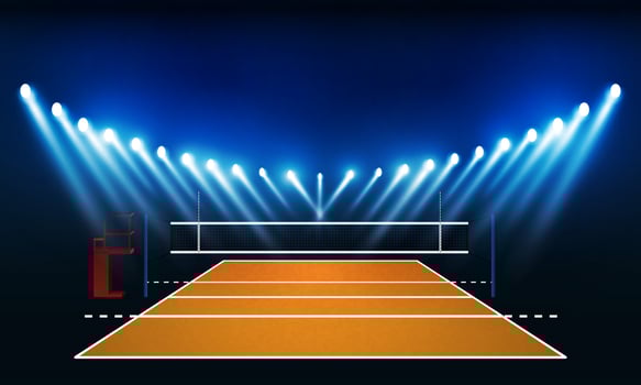 Volleyball court arena field with bright stadium lights vector design.