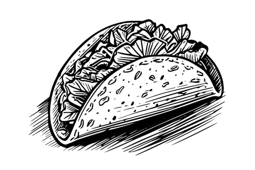 Hand drawn ink sketch of taco. Traditional mexican fast food illustration. Vector drawing.