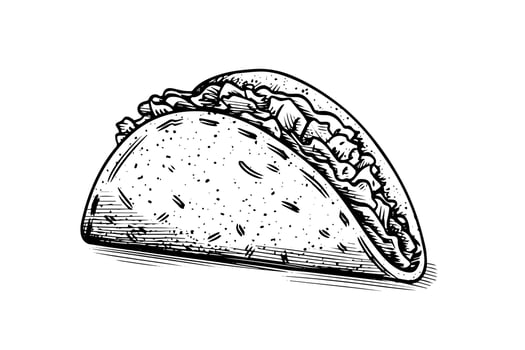 Hand drawn ink sketch of taco. Traditional mexican fast food illustration. Vector drawing.