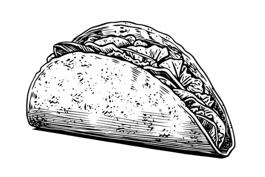Hand drawn ink sketch of taco. Traditional mexican fast food illustration. Vector drawing.