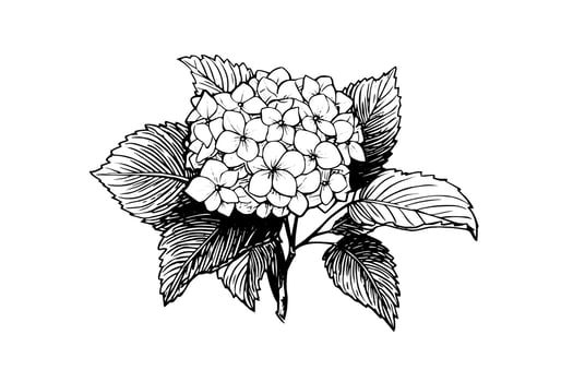 Hand drawn ink sketch hydrangea flowers. Vector illustration in engraving style.