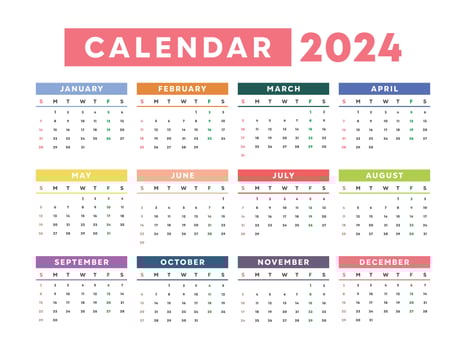 Flat 2024 colorful calendar template vector
