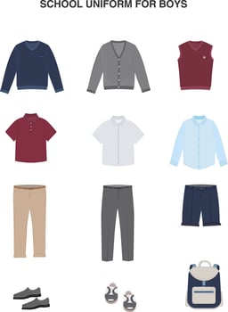School uniform for schoolboy, teenager, student. Essential Boy's Clothes. Shirt, t shirt, trosers, jacket, pulloveer. Set of school outfits. Vector illlustration.