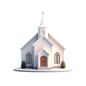 Church flyer design features a simple 3D church symbol. png