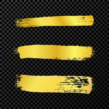 Gold grunge brush strokes. Set of three painted ink stripes. Ink spot isolated on dark vector