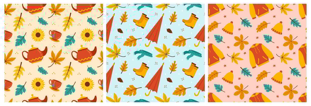 Set of Autumn Season Seamless Pattern Design with Fall Elements in Template Cartoon Flat Illustration vector