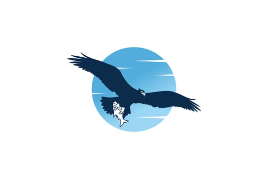 Vector logo design of an oyster eagle or bald eagle flying clutching a fish