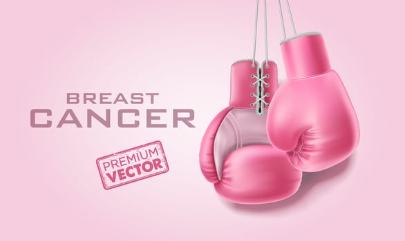 Breast cancer ribbon awareness poster with pink boxing gloves. Women's health support symbol. woman hope and struggle concept. pink vector illustration