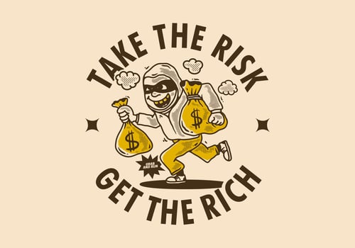 Take the risk get the rich. Bank robber character holding a money sack vector