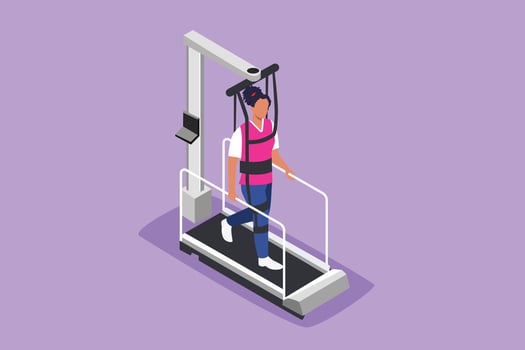 Character flat drawing physiotherapy rehabilitation isometric composition with pretty woman walking on medical running machine doing exercises. Healthcare treatment. Cartoon design vector illustration