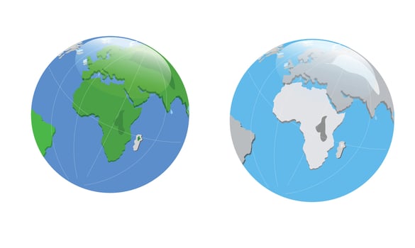 World globe with stand vector set. Globe of planet earth vector illustration for concept of kid learning or world travelling. Flat vector in cartoon style.