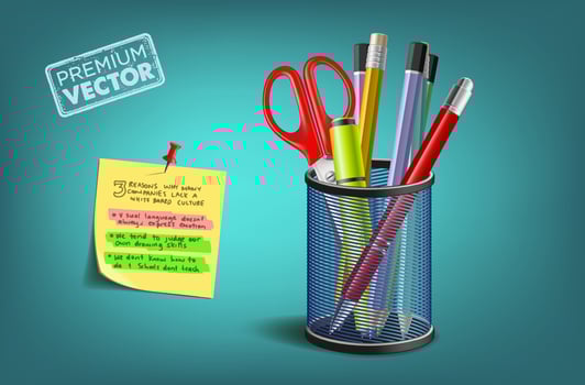 Vector illustration Office equipment cylindrical pencil holder. set of bright office supplies. Bright Colored Pen Scissors ball pen crayons sticky note paper needle highlighter