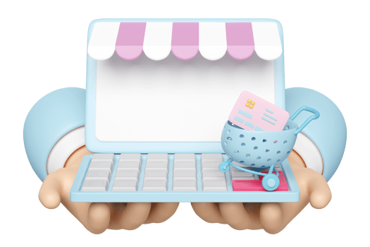 online shopping with hand holding laptop computer monitor, store front, credit card shopping carts or basket isolated. 3d illustration render png