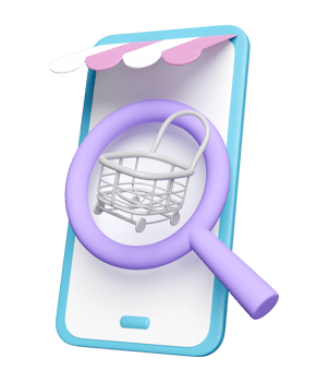 3d mobile phone, smartphone with store front, shopping carts, magnifying glass isolated. web search engine or web browsing, online shopping concept, 3d render illustration png