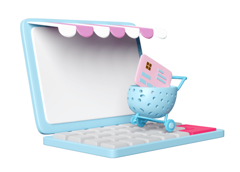 online shopping with laptop computer monitor, store front, credit card shopping carts or basket isolated. 3d illustration render png