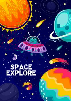 Cartoon space landscape poster, alien UFO, planets vector