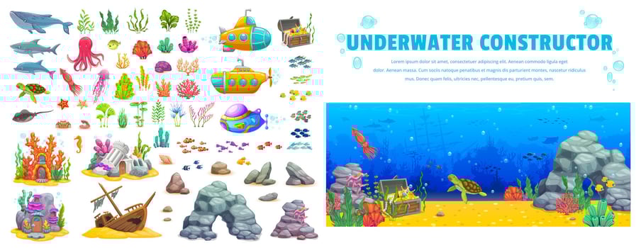 Underwater landscape constructor, sea fish, animal vector