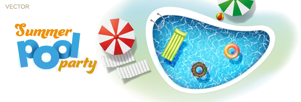 Inflatable mattress ball and pool rings in swimming pool sunbed umbrella. Poster template for summer vacation. Summer pool party. Flat style vector illustration