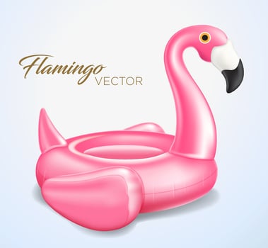Vector realistic 3d pink flamingo, tropical bird shape inflatable swimming pool ring, tube, float. Summer vacation vacation rubber object, travel, beach ocean Illustration