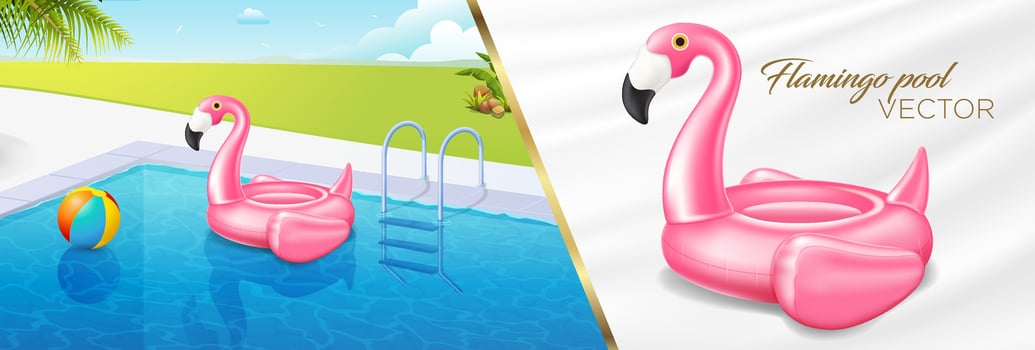 Vector realistic 3d pink flamingo, pool, beach ball, tropical bird shape inflatable swimming pool ring, tube, float. Summer vacation vacation rubber object, travel, beach ocean Illustration
