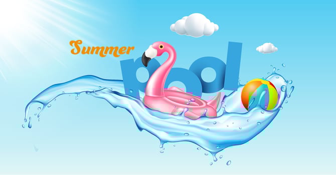 Vector realistic 3d pink flamingo, pool, beach ball, tropical bird shape inflatable Summer vacation, travel, beach sea Illustration