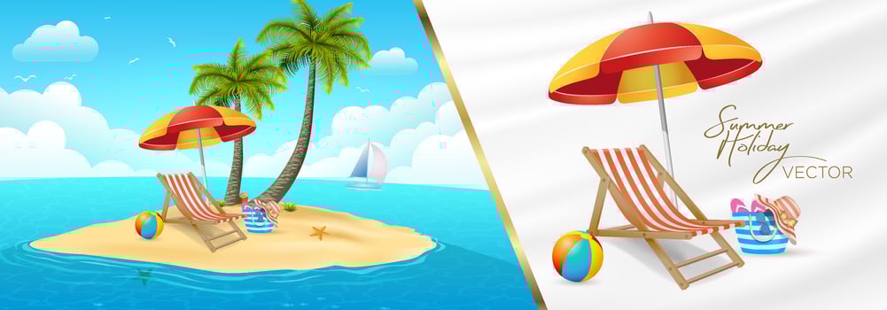 summer vacation tourism theme palm sun lounger beach ball bag hat glasses slippers umbrella background seascape sky clouds illustrator vector
