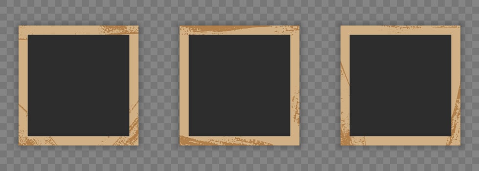 Retro Photo Paper Set In Square Shape. Blank Vintage Photo Frame On Transparent Background. Picture Photography Card Collection With Grunge Texture Border. Isolated Vector Illustration.