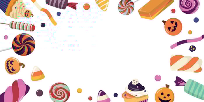Halloween banner with colorful candies and desserts, autumn holiday season background. Vector border frame. Isolated on white background.