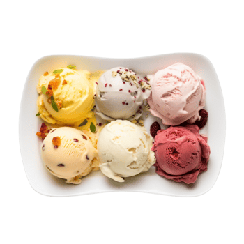 Four scoops of different flavour ice cream on a plate png