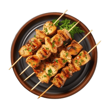 chicken skewers on a plate on a transparent background png