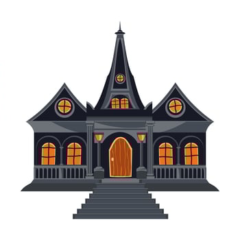 Halloween house in gray color with stairs, windows and front door. Isolated old haunted house in flat style. Cartoon gothic architecture. Vector illustration.