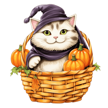 AI Generative cute chubby cat with scarf on basket Halloween festival png