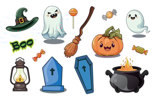 Halloween elements set With ghost, potion cauldron and witch's broom, tombstone, candy, lamp, funny pumpkins. Perfect for scrapbooking, greeting card, party invitation, poster, tag, sticker set vector