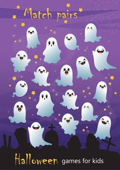 Halloween set, puzzle for children. Illustration, find a pair for each ghost. Cute ghosts scattered across the sky and are looking for a couple. The development of logic and attention in preschoolers vector