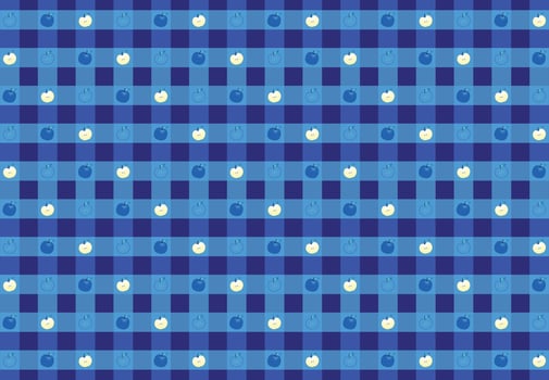 Vector pattern blue background checkered tablecloth with various shapes of blue apples