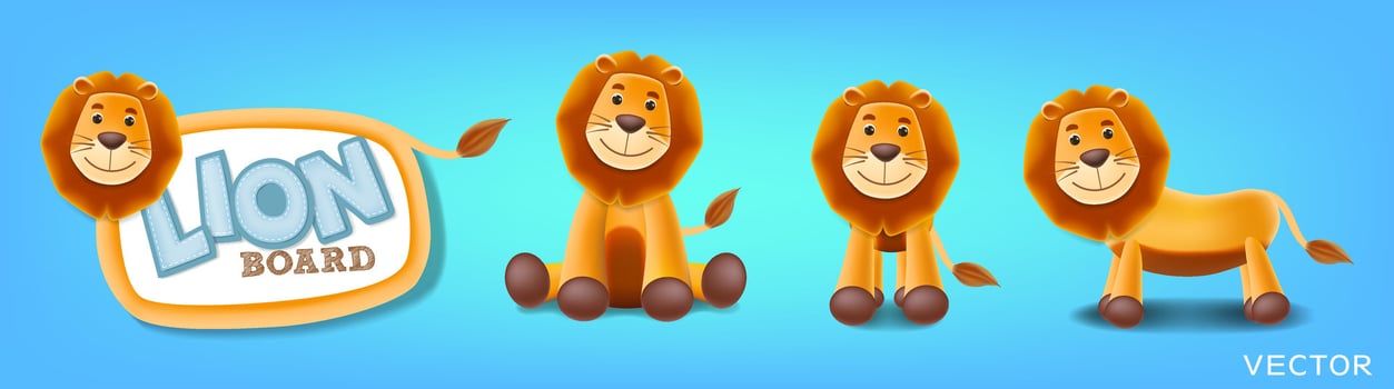 Set of lion board, lion blackboard, standing, sitting and jungle cat animal in different poses. vector illustration