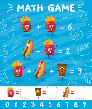 French fries, hotdog, coffee, math game worksheet vector