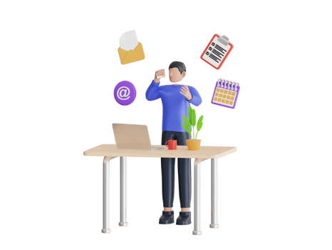 3D Illustration of Businessman Doing Multitasking Work At Workplace. multitasking or manage project, productivity or time management, workload balance or work responsibility. png