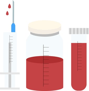 Vector illustration of syringe, blood test tube and plasma bottle