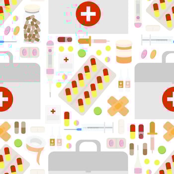 Vector seamless pattern with medical equipment, pills, syringe, plasters and medical tablets