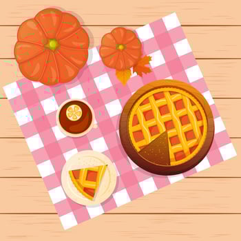 Pumpkin pie with tea on the wooden background vector