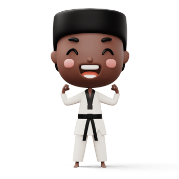 Happy child taekwondo, fighter boy wear taekwondo uniform, kid character, 3d rendering png