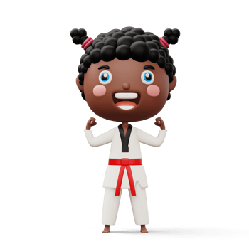 Happy child taekwondo, fighter girl wear taekwondo uniform, kid character, 3d rendering png