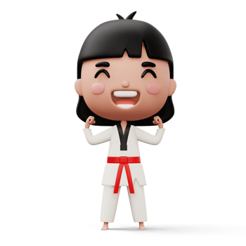 Happy child taekwondo, fighter girl wear taekwondo uniform, kid character, 3d rendering png