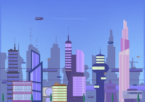 future city flat illustration. urban cityscape template with modern buildings and futuristic traffic. banner for web design. vector
