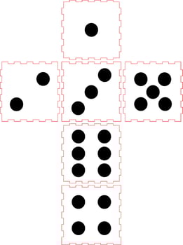 Cnc. laser cutting 100 mm dice. No glue. Vector illustration.
