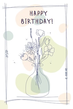 Flowers in a vase outline. Hand drawn vector illustration. Minimalistic happy birthday greeting card or background in watercolor tones